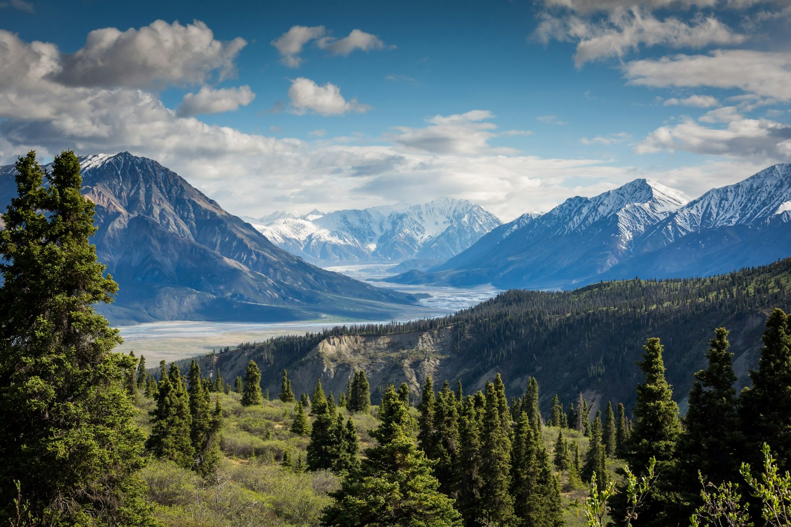 A wide mountain valley with snowy peaks, a braided river, and evergreen trees in the foreground. It accompanies an article about Dark mode as a system decision.