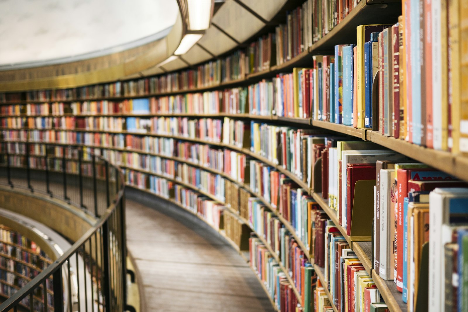 Curved library shelves packed with books, seen from a balcony. It accompanies an article about How to read a studio portfolio.